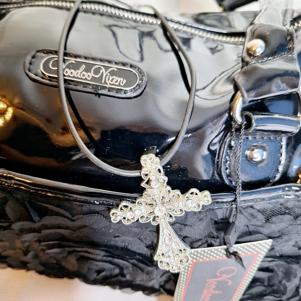 Voodoo Vixen Black Floral Satin & Patent Satchel - Picture 12 of 16